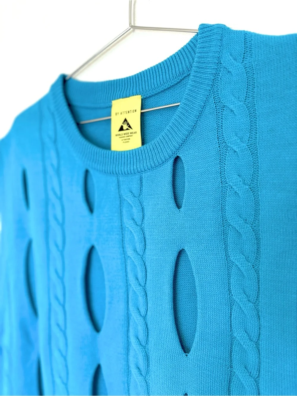 kfashion blue sweater vest - bright cable knit perforations holes - XL like new